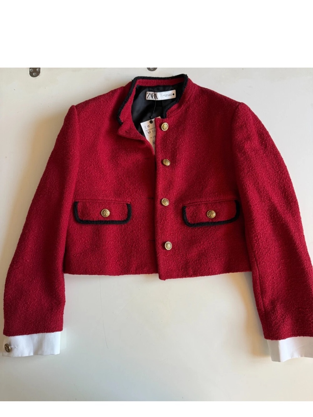 Zara Red Cropped Bouclé Jacket with Black Trim and Gold Buttons NWT medium size